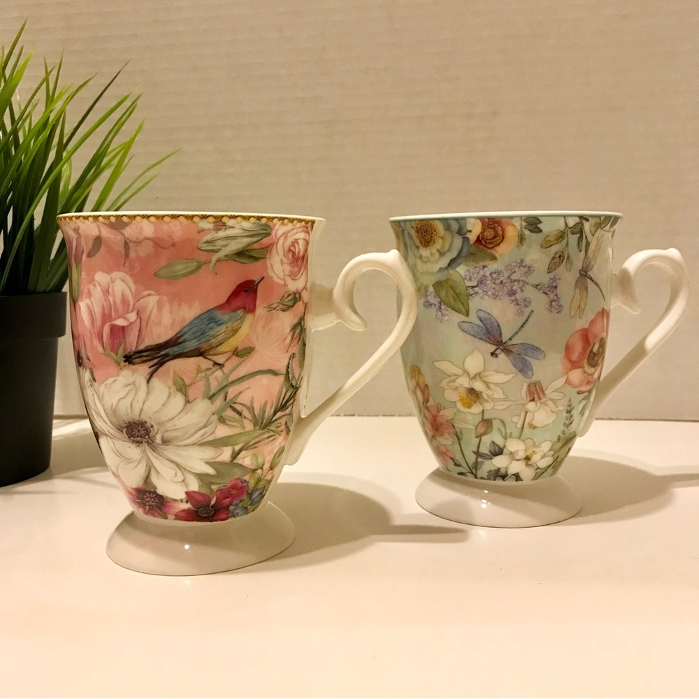 2  Ceramic Coffee Tea Mugs Cups Bird and Dragonfly Floral by Summer River